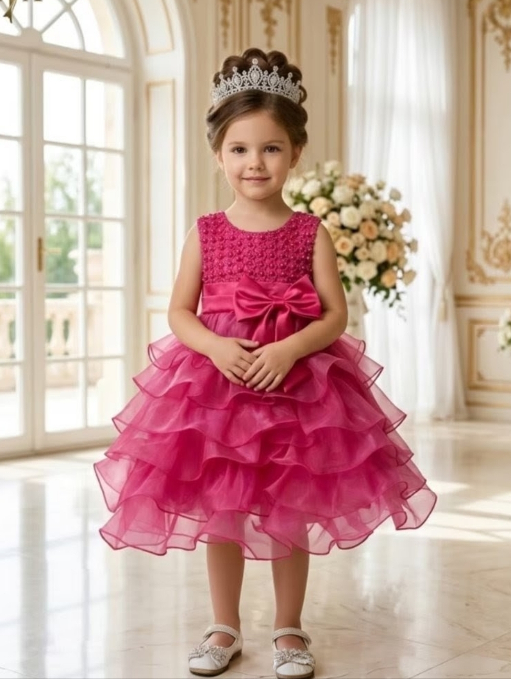 Hot Pink Ruffled Tulle Flower Girl Dress with Bow